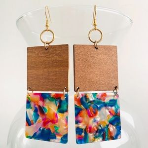 Wood N Multicolor Swirl Square Earrings